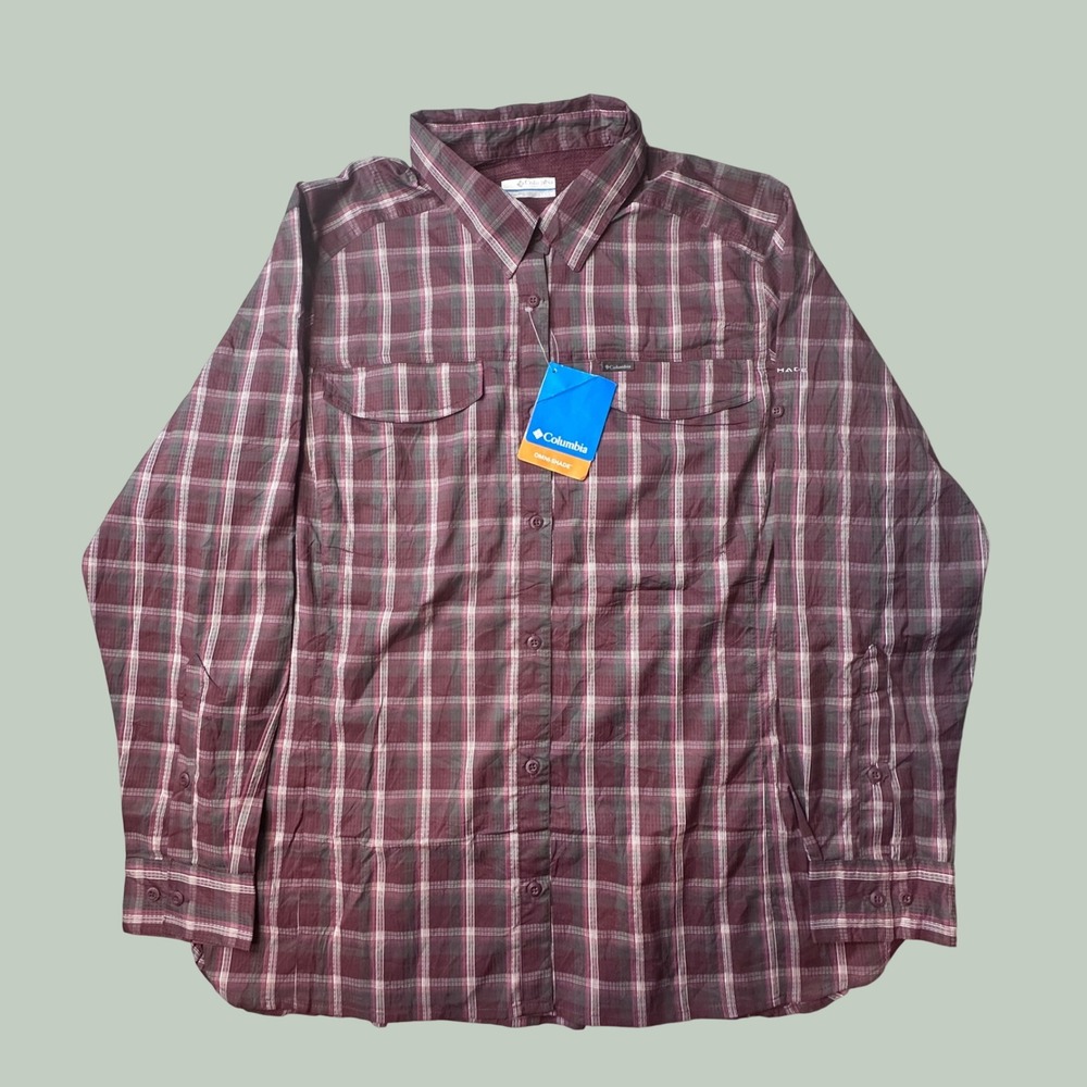 Columbia Shirt Womens 1X Silver Ridge Plaid Burgundy Omni-Shade Outdoors NEW